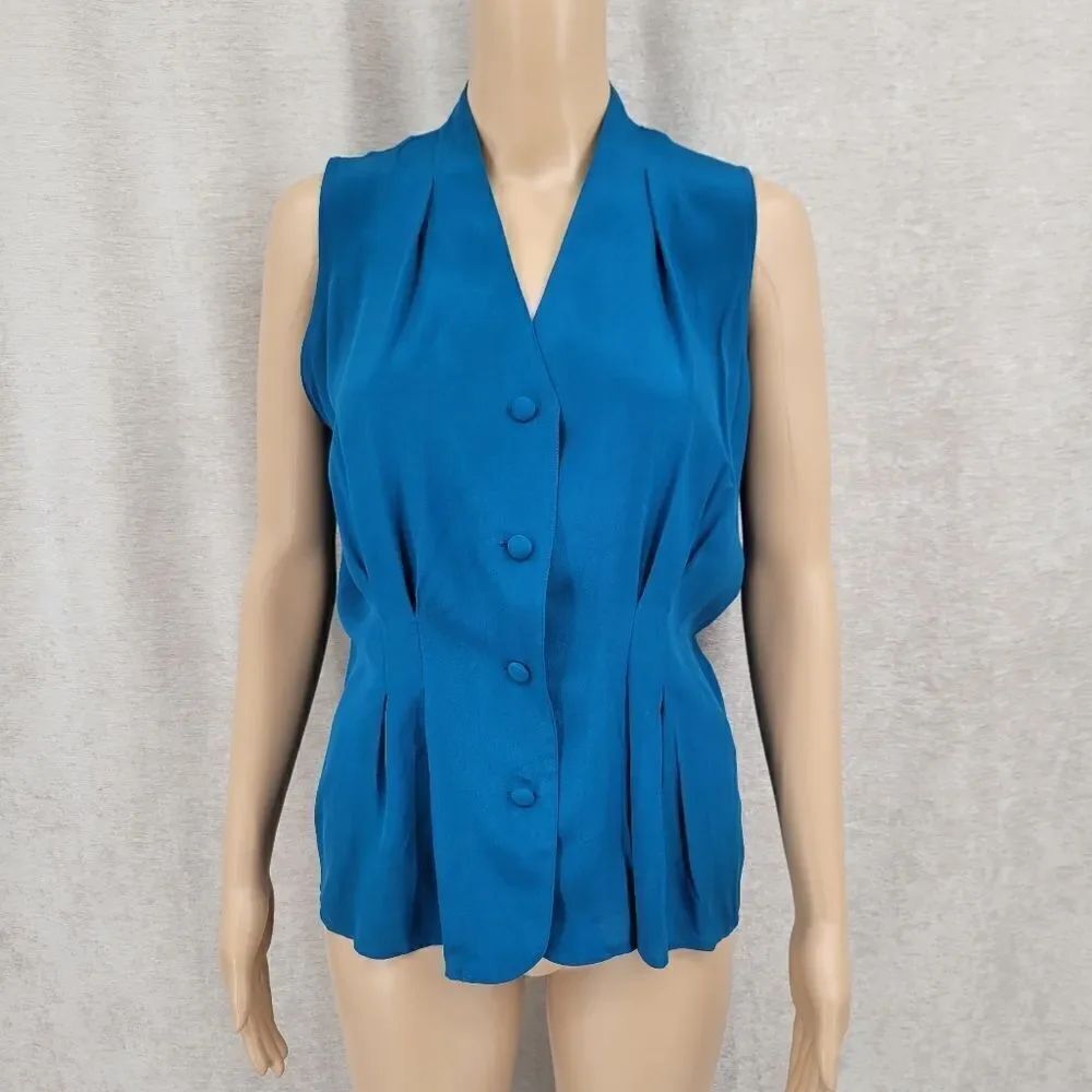 Christie & Jill Vintage 90s Deadstock NWT Blue Silk Pleated Blouse Women's 10
